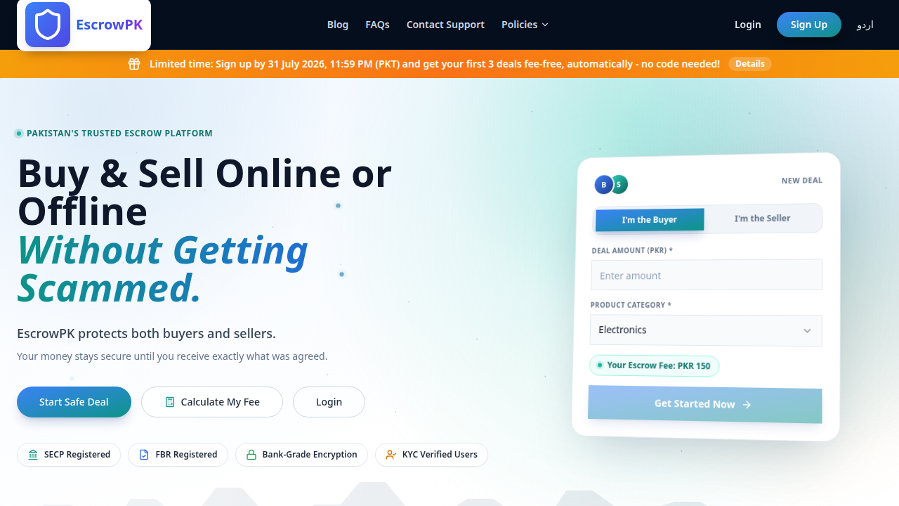 The EscrowPK.com homepage before registering, showing the Start Safe Deal call to action
