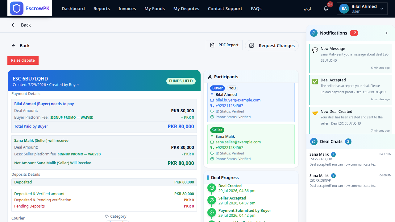 A deal page showing FUNDS_HELD status with the Raise Dispute button visible