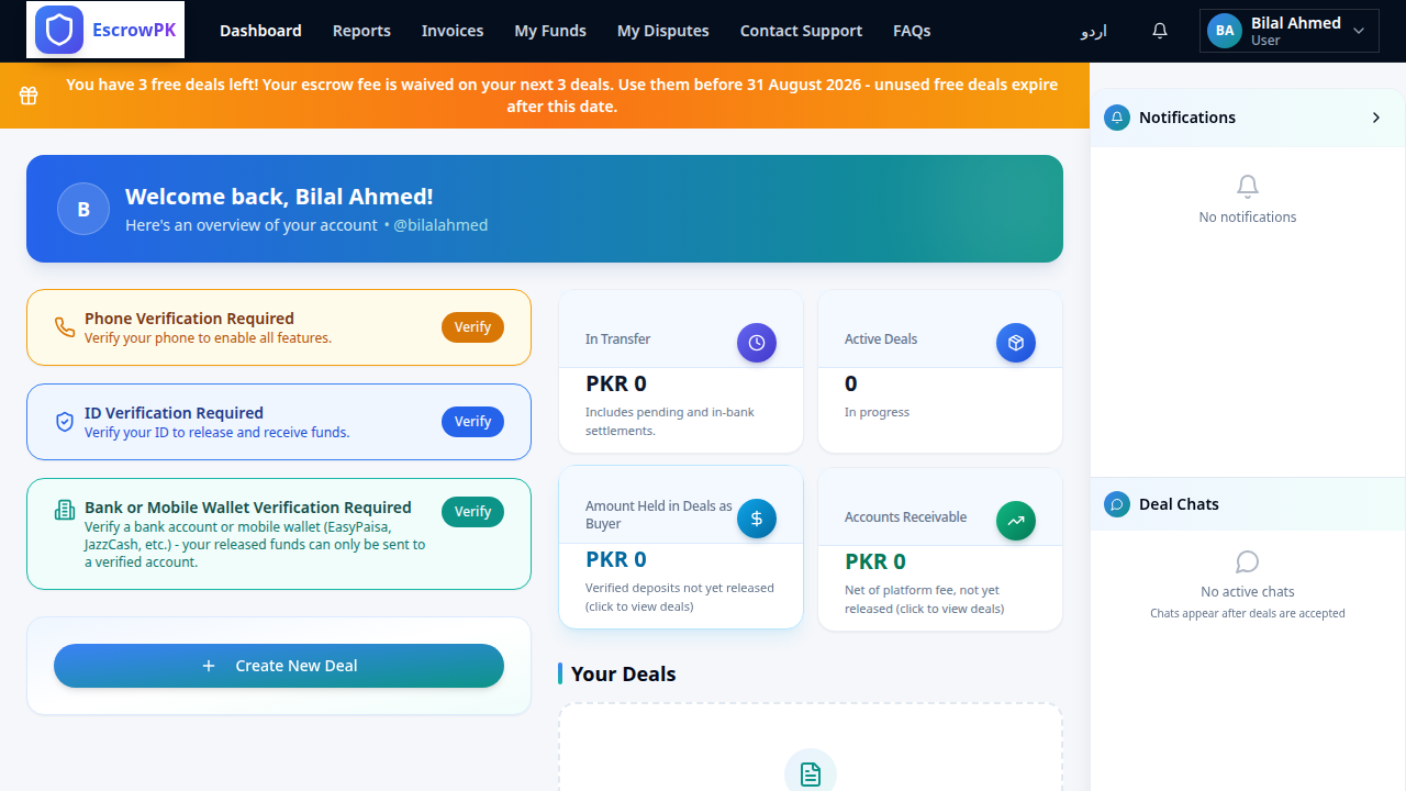 The EscrowPK buyer dashboard showing account overview, deal stats, and the Create a New Deal button