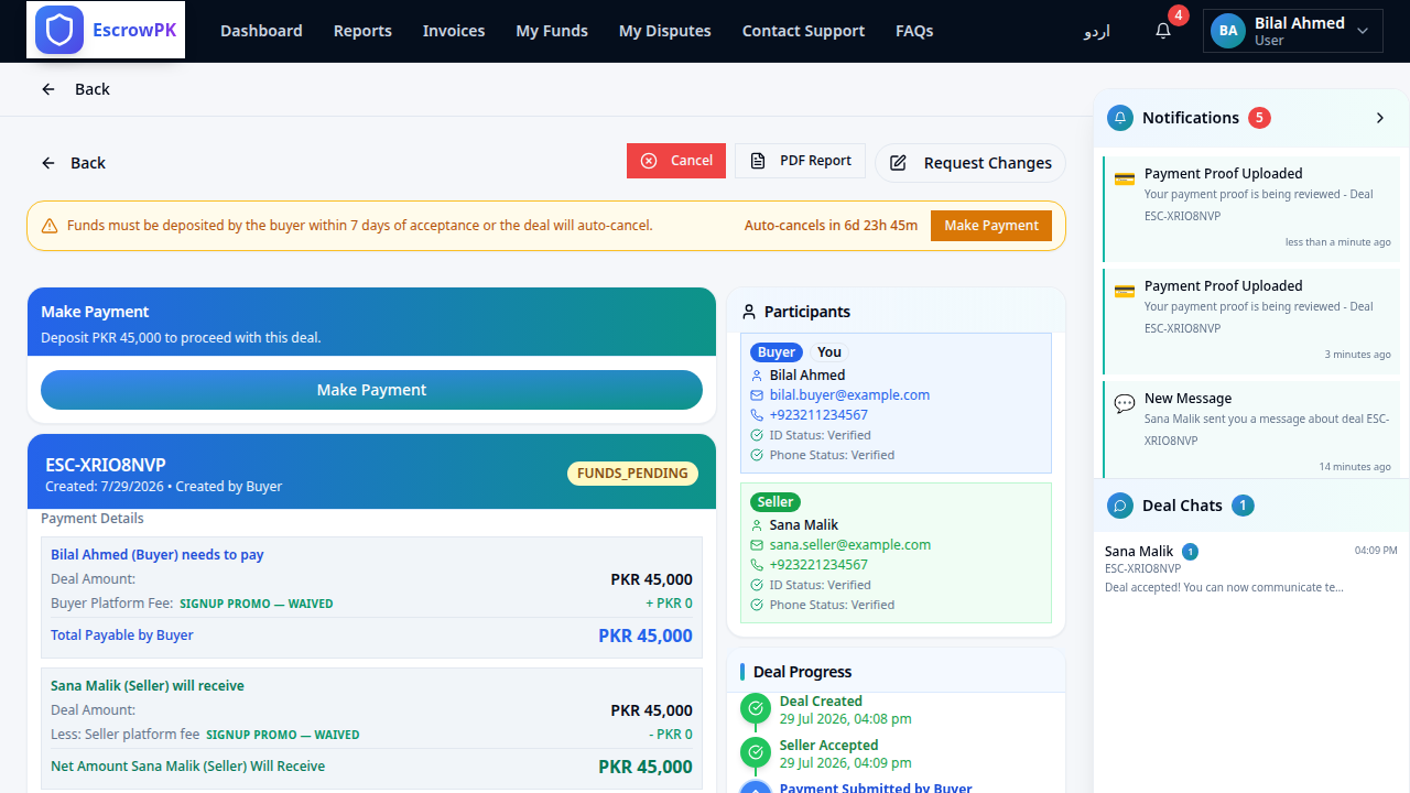 A buyer's deal page showing FUNDS_PENDING status while the payment proof awaits admin verification